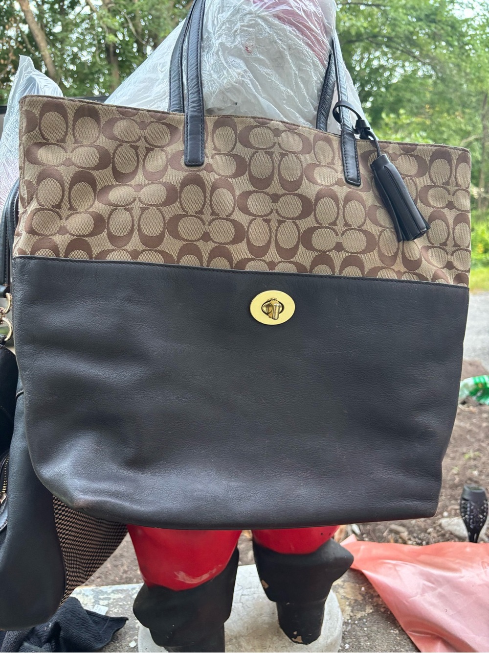 Coach Two-Tone Signature Tote in Brown and Black with Gold Turnlock see all pix